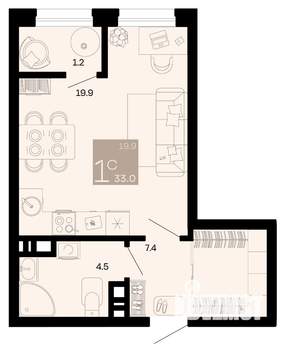 1-к квартира, вторичка, 33м2, 2/12 этаж