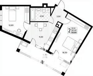 2-к квартира, строящийся дом, 54м2, 8/8 этаж