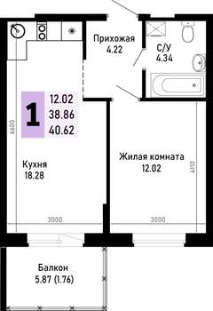 1-к квартира, строящийся дом, 41м2, 4/4 этаж