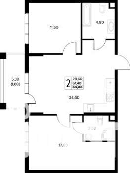 2-к квартира, строящийся дом, 63м2, 1/8 этаж