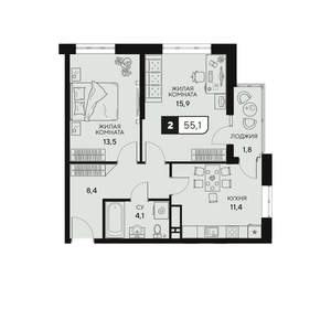 2-к квартира, вторичка, 55м2, 8/15 этаж
