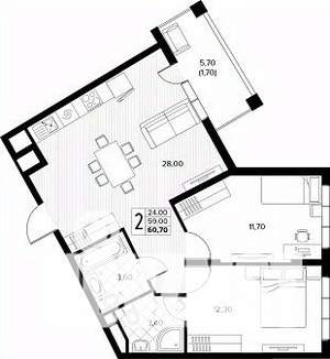 2-к квартира, строящийся дом, 61м2, 8/8 этаж