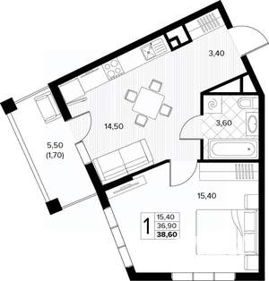 1-к квартира, вторичка, 39м2, 7/8 этаж