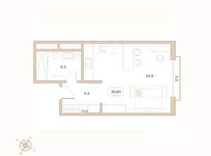 Студия квартира, вторичка, 39м2, 6/7 этаж