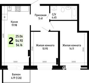 2-к квартира, строящийся дом, 56м2, 1/4 этаж