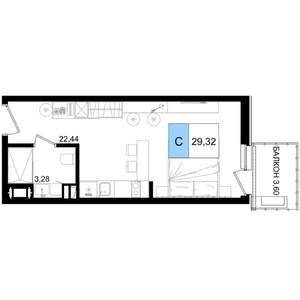 1-к квартира, строящийся дом, 29м2, 4/8 этаж