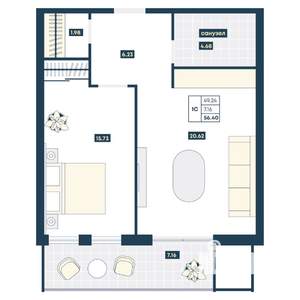 1-к квартира, вторичка, 56м2, 8/9 этаж