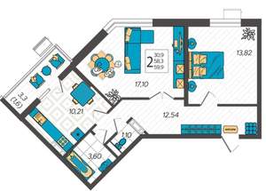 2-к квартира, вторичка, 60м2, 8/9 этаж