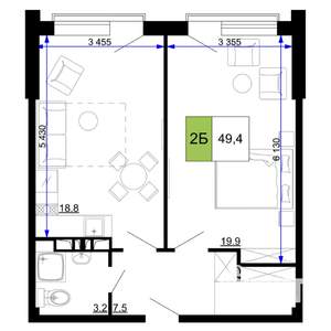 2-к квартира, строящийся дом, 49м2, 9/9 этаж
