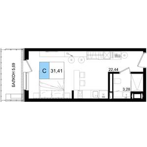 1-к квартира, строящийся дом, 31м2, 3/8 этаж