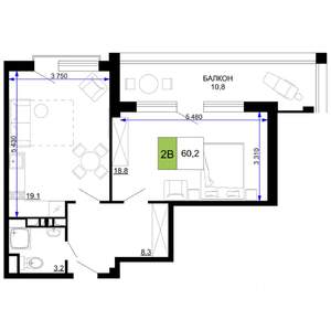 2-к квартира, вторичка, 60м2, 7/9 этаж