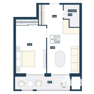 1-к квартира, вторичка, 53м2, 2/9 этаж