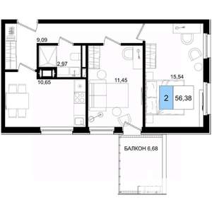 2-к квартира, вторичка, 56м2, 2/9 этаж