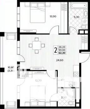 2-к квартира, строящийся дом, 62м2, 3/8 этаж
