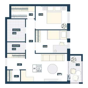 2-к квартира, вторичка, 68м2, 6/9 этаж