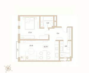 1-к квартира, вторичка, 62м2, 6/7 этаж