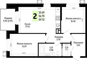 2-к квартира, вторичка, 60м2, 3/4 этаж