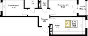 2-к квартира, вторичка, 53м2, 6/12 этаж