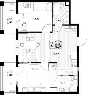 2-к квартира, строящийся дом, 57м2, 1/8 этаж