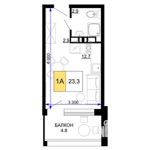 1-к квартира, строящийся дом, 23м2, 2/9 этаж