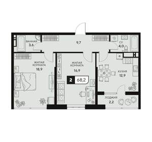 2-к квартира, вторичка, 68м2, 9/15 этаж