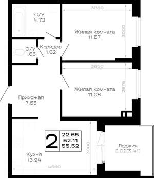 2-к квартира, строящийся дом, 56м2, 4/4 этаж