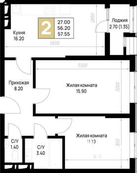 2-к квартира, строящийся дом, 58м2, 3/12 этаж