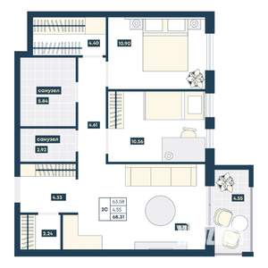 2-к квартира, вторичка, 68м2, 5/9 этаж
