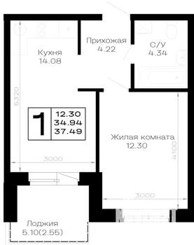 1-к квартира, строящийся дом, 37м2, 1/4 этаж