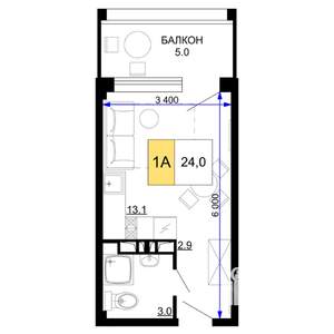 1-к квартира, строящийся дом, 24м2, 4/9 этаж