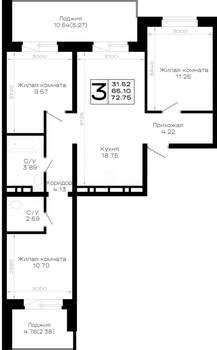 3-к квартира, строящийся дом, 73м2, 4/4 этаж