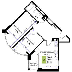 2-к квартира, строящийся дом, 55м2, 2/12 этаж