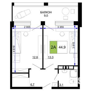2-к квартира, строящийся дом, 45м2, 2/9 этаж
