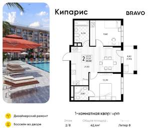 1-к квартира, вторичка, 42м2, 2/8 этаж