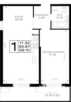 1-к квартира, вторичка, 59м2, 1/4 этаж