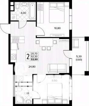 2-к квартира, строящийся дом, 54м2, 5/8 этаж