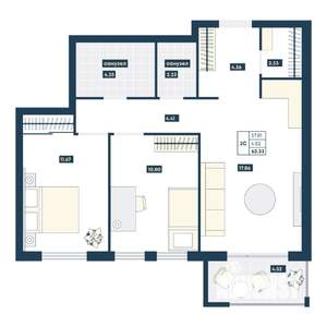 2-к квартира, вторичка, 62м2, 7/9 этаж