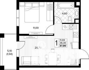 1-к квартира, строящийся дом, 38м2, 2/8 этаж