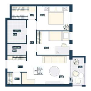 2-к квартира, вторичка, 68м2, 8/9 этаж