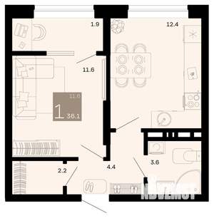 1-к квартира, вторичка, 36м2, 5/9 этаж