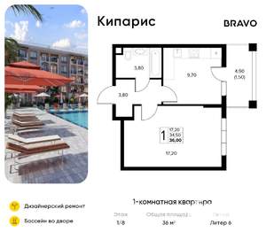 1-к квартира, вторичка, 36м2, 1/8 этаж