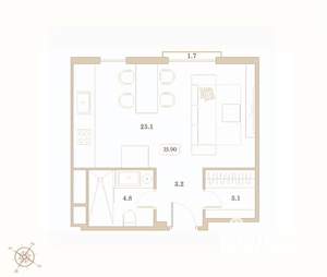 Студия квартира, вторичка, 36м2, 3/7 этаж