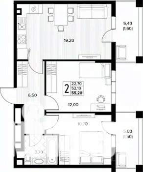 2-к квартира, вторичка, 55м2, 1/8 этаж