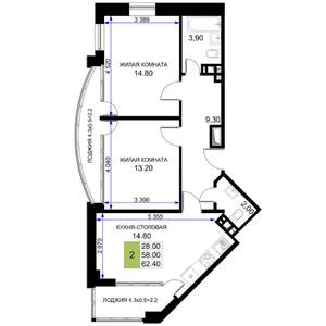 2-к квартира, строящийся дом, 62м2, 4/12 этаж