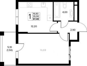 1-к квартира, строящийся дом, 37м2, 7/8 этаж