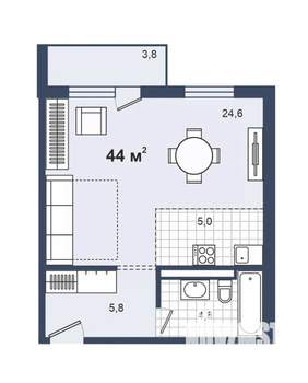 1-к квартира, вторичка, 44м2, 2/3 этаж