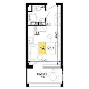 1-к квартира, строящийся дом, 23м2, 8/9 этаж