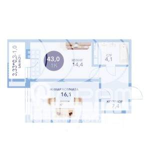 1-к квартира, вторичка, 43м2, 8/16 этаж