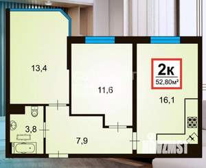 2-к квартира, вторичка, 53м2, 5/16 этаж