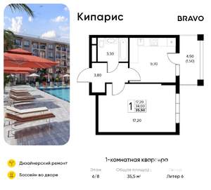 1-к квартира, вторичка, 36м2, 6/8 этаж